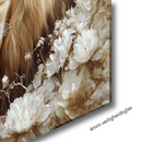 Glasschilderij - Exclusive - Liggend - De Ochtendwacht Leeuwenfamilie 1 Welp - (Japandi Stijl)