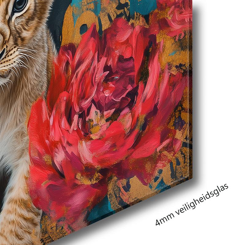 Glasschilderij - Exclusive - Liggend - De Beschermer Leeuwenfamilie 1 Welp