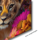 Glasschilderij - Exclusive - Liggend - Krijtspoor Leeuwenfamilie 2 Welpen