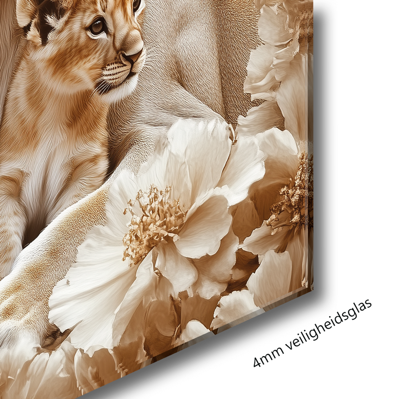 Glasschilderij - Exclusive - Liggend - Sora Leeuwenfamilie 2 Welpjes - (Japandi Stijl)