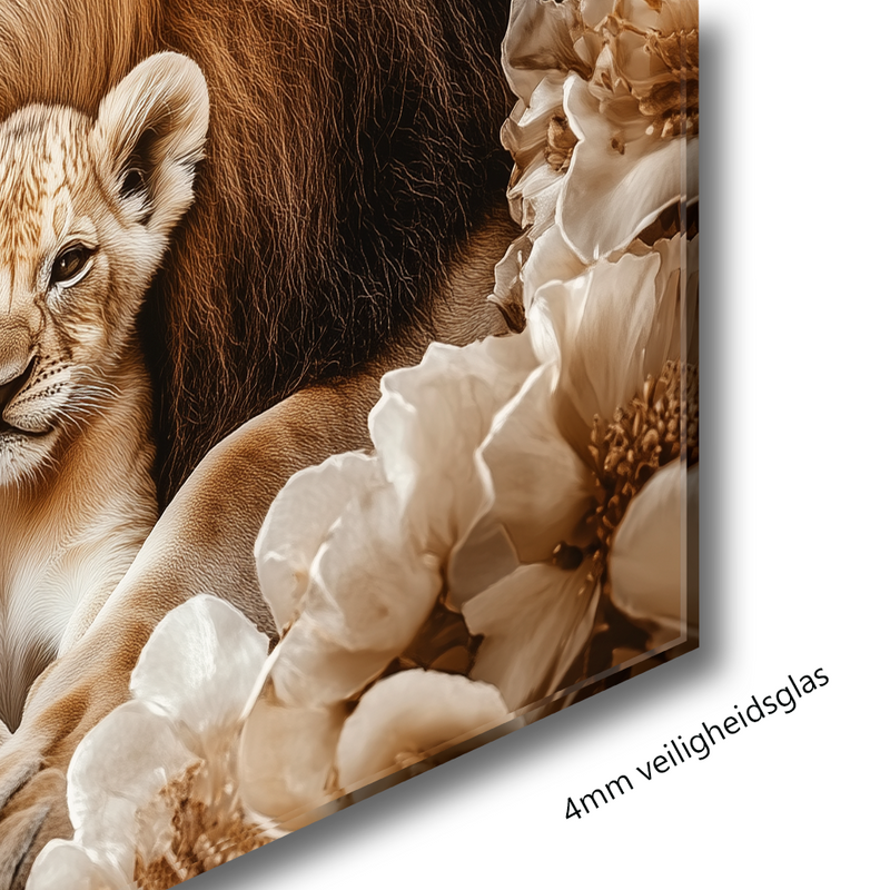 Glasschilderij - Exclusive - Liggend - Mufasa Leeuwenfamilie 3 Welpen - (Japandi Stijl)