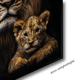 Glasschilderij - Exclusive - Liggend - Leo Simba Leeuwenfamilie 3 Welpjes - Gouden Eeuw Serie