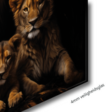Glasschilderij - Exclusive - Liggend - Leeuwenfamilie 2 Welpen Wildernis