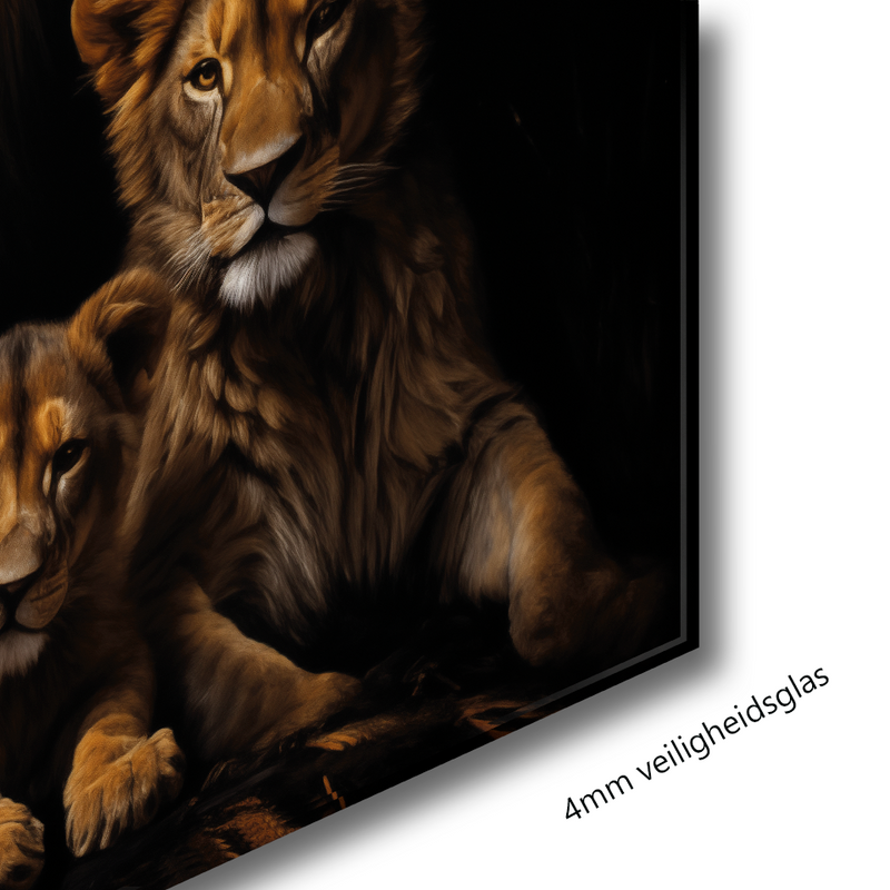 Glasschilderij - Exclusive - Liggend - Leeuwenfamilie 2 Welpen Wildernis
