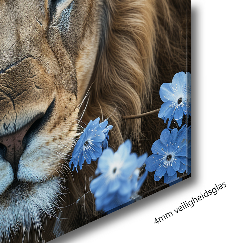 Glasschilderij - Exclusive - Liggend - Safari Bloesem Leeuwenliefde