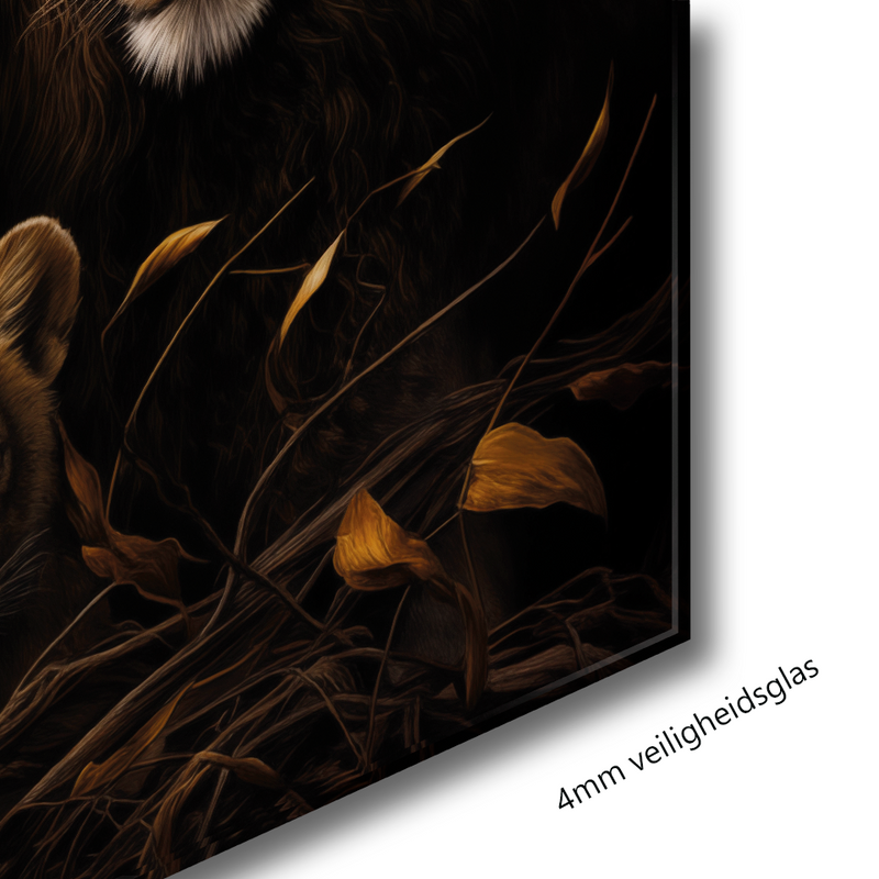 Glasschilderij - Exclusive - Liggend - Leeuwenfamilie 2 Welpen