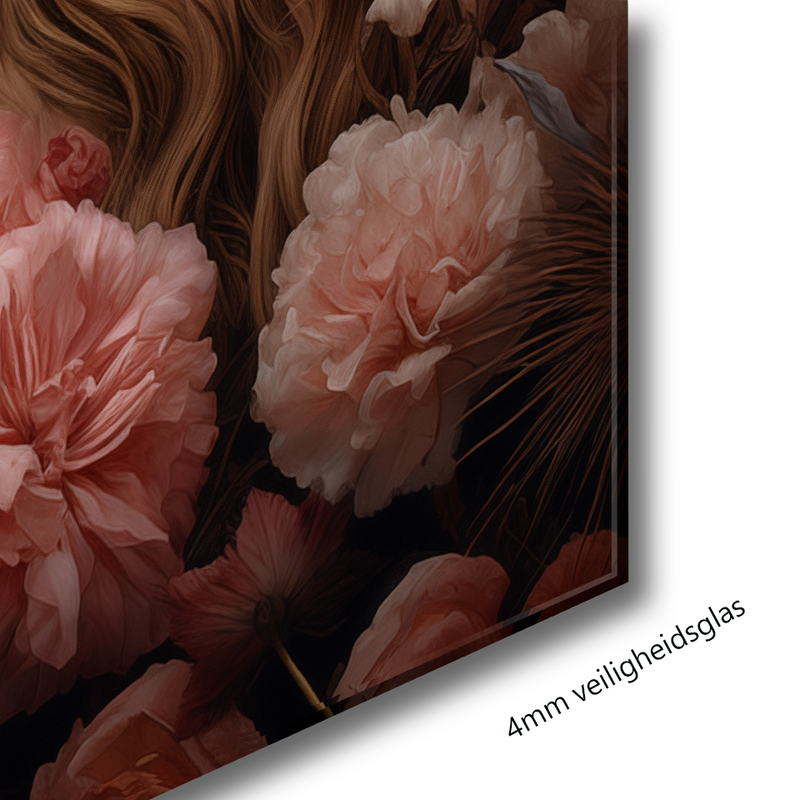 Glasschilderij - Exclusive - Staand - Vrouw met Roze Bloemen Amber