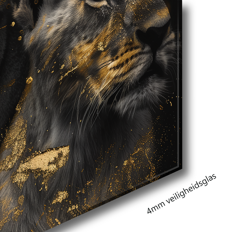 Glasschilderij - Exclusive - Staand - Leeuwenfamilie Moeder 2 Welpjes, Grace - Gouden Eeuw Serie