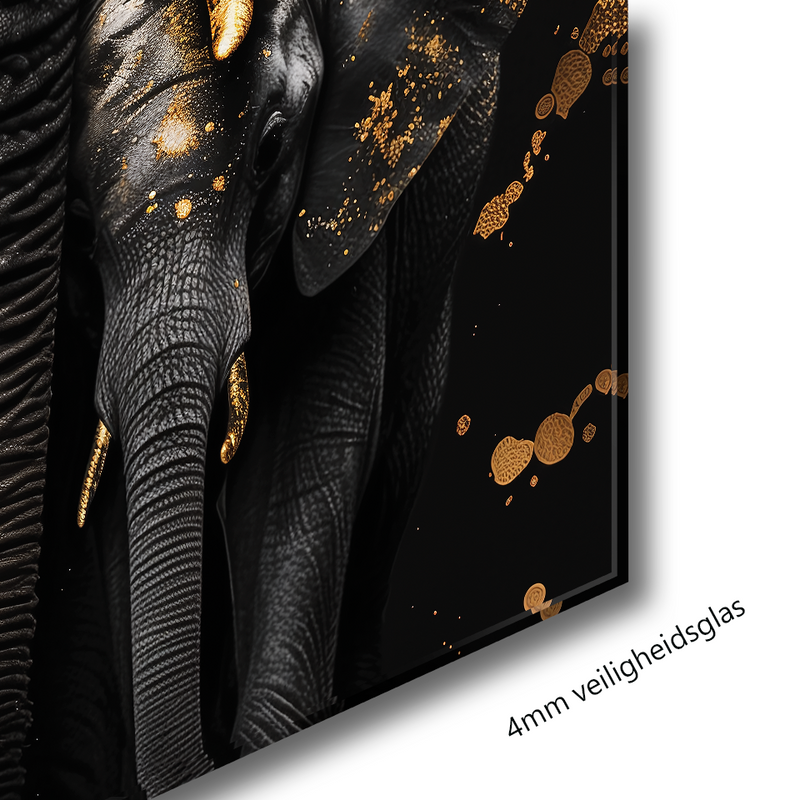 Glasschilderij - Exclusive - Staand - Olifantenfamilie 2 Kalfjes - Gouden Eeuw Serie