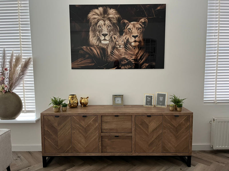 Glasschilderij - 150x100 / 120x80cm - Exclusive - Dieren - Lynn Leeuwen Familie Welpjes - 1, 2, 3, 4, 5 Welpen