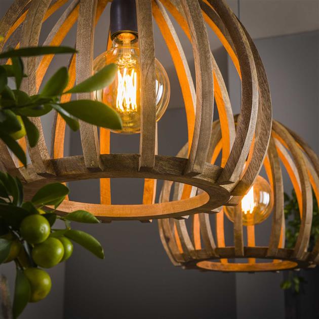 Modera - Hanglamp 2L gebogen houten spijlen - Massief mango naturel meubelboutique.nl