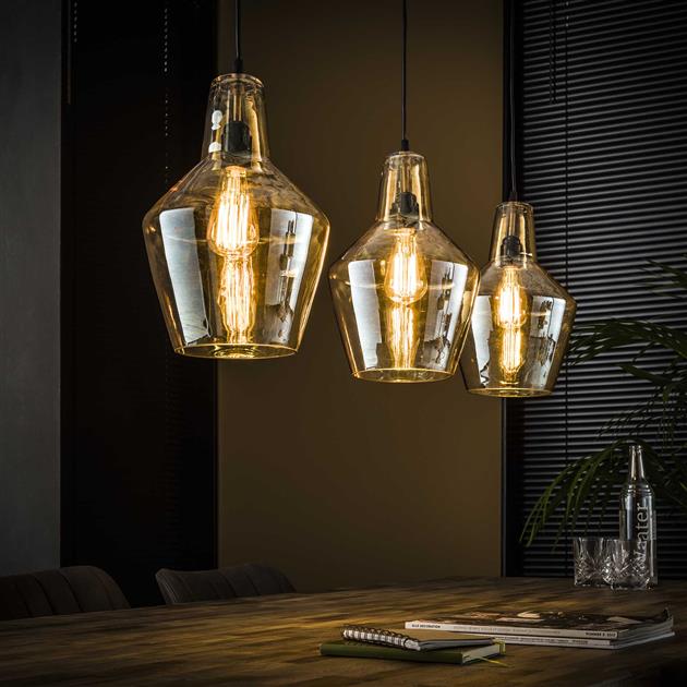 Modera - Hanglamp 3L amber glas kegel - Oud zilver meubelboutique.nl