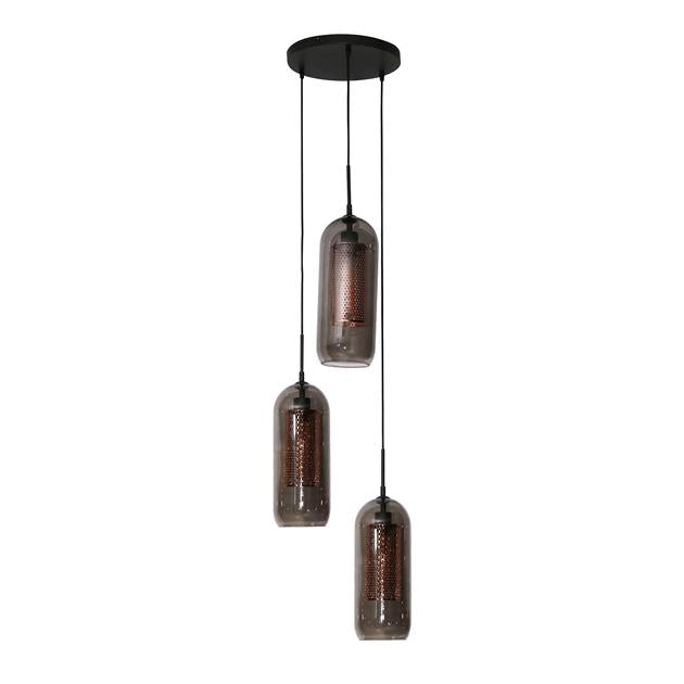 Modera - Hanglamp 3L getrapt smoke glas-geperforeerd staal - Artic zwart meubelboutique.nl