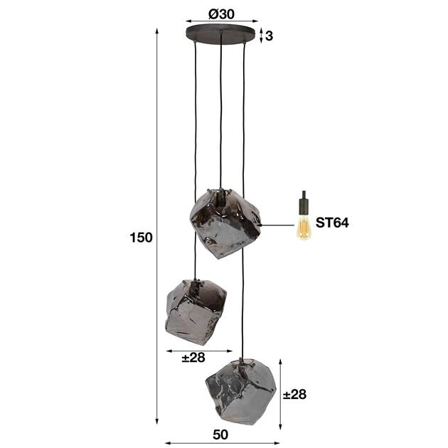 Modera - Hanglamp 3L rock chromed getrapt - Chromed glas meubelboutique.nl