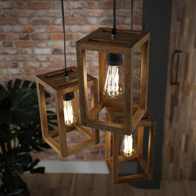 Modera - Hanglamp 3x houten frame getrapt - Massief mango naturel meubelboutique.nl
