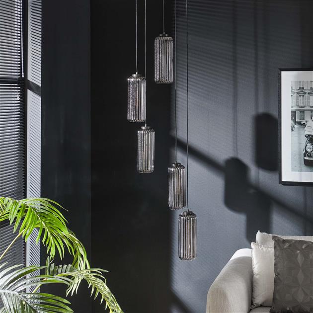 Modera - Hanglamp 5L getrapt cilinder rib smoke - Artic zwart