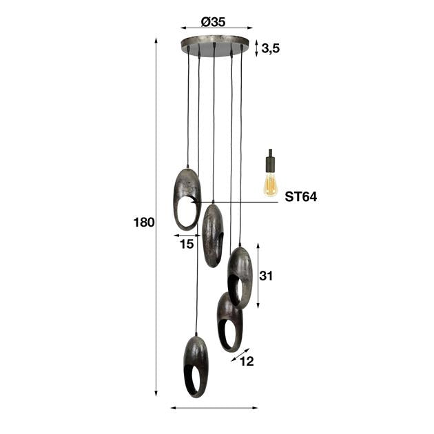 Modera - Hanglamp 5L open oog getrapt - Oud zilver