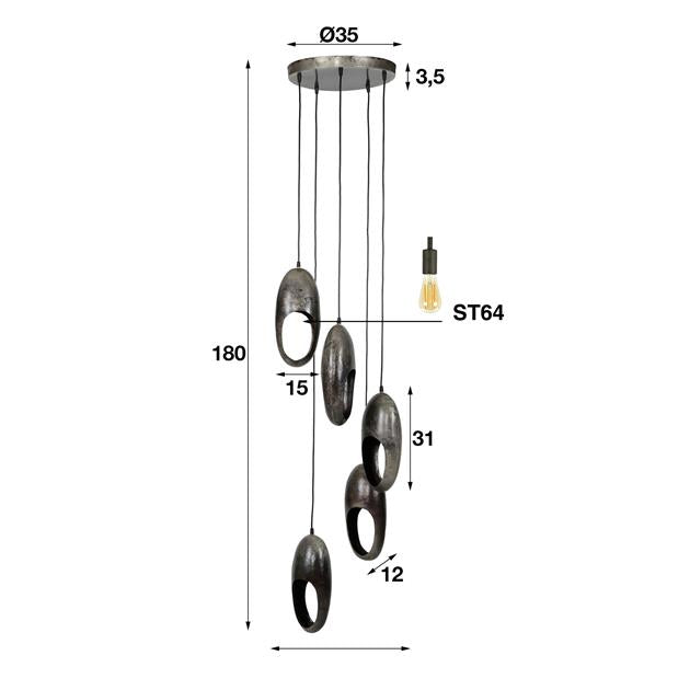 Modera - Hanglamp 5L open oog getrapt - Oud zilver meubelboutique.nl