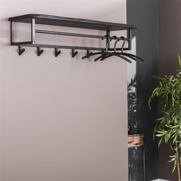 Modera - Kapstok yucon 6 haken hoedenplank - Massief acacia zwart