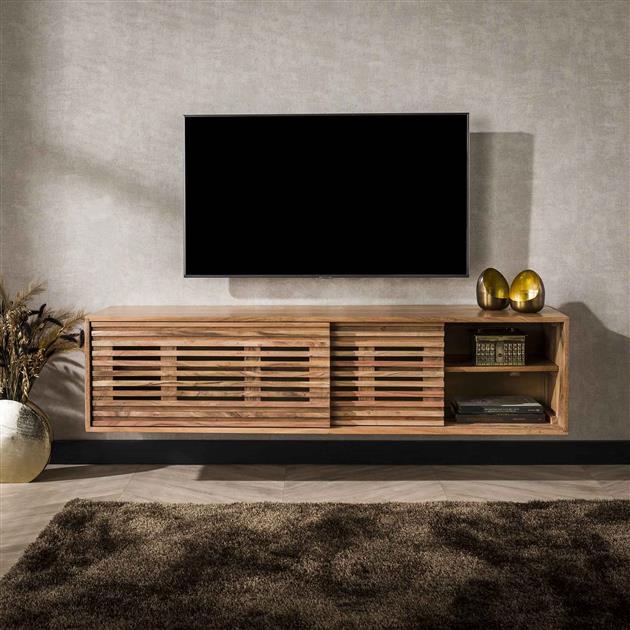 Modera - TV-meubel zwevend 2 deuren slide - Massief acacia naturel meubelboutique.nl