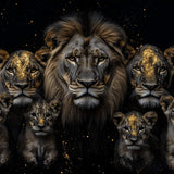 Glasschilderij - Exclusive - Liggend - Leeuwenfamilie 5 Welpjes, Harmonie - Gouden Eeuw Serie 150x100x0.4 cm