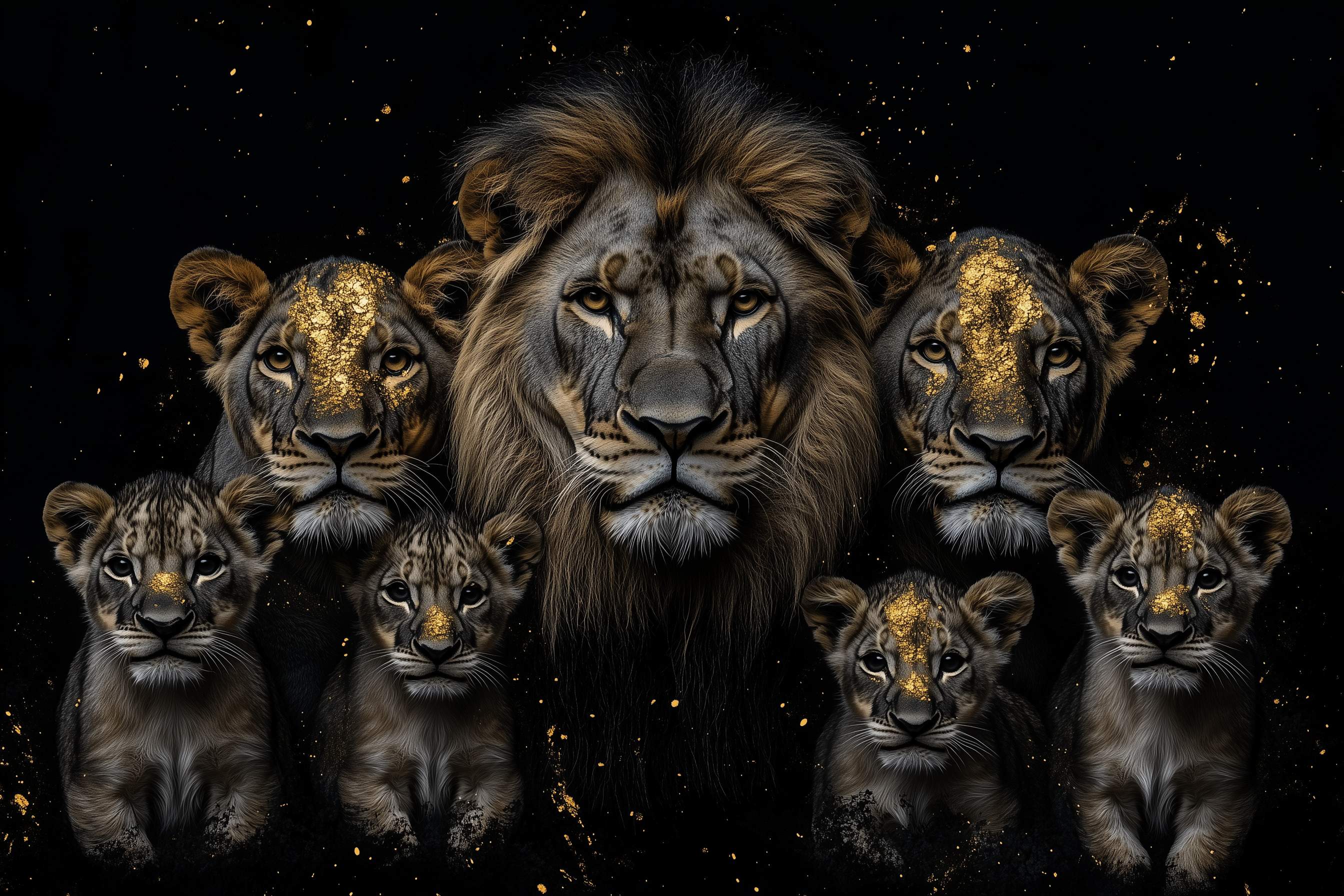 Glasschilderij - Exclusive - Liggend - Leeuwenfamilie 5 Welpjes, Harmonie - Gouden Eeuw Serie 150x100x0.4 cm