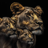 Glasschilderij - Exclusive - Liggend - Zij aan Zij Leeuwenfamilie 2 Welpen - Gouden Eeuw Serie