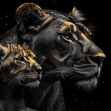 Glasschilderij - Exclusive - Liggend - in Stilte Leeuwenfamilie 1 Welp - Gouden Eeuw Serie