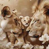 Glasschilderij - Exclusive - Liggend - Lege Nest Leeuwenfamilie 1 Welp - (Japandi Stijl) 150x100x0.4 cm