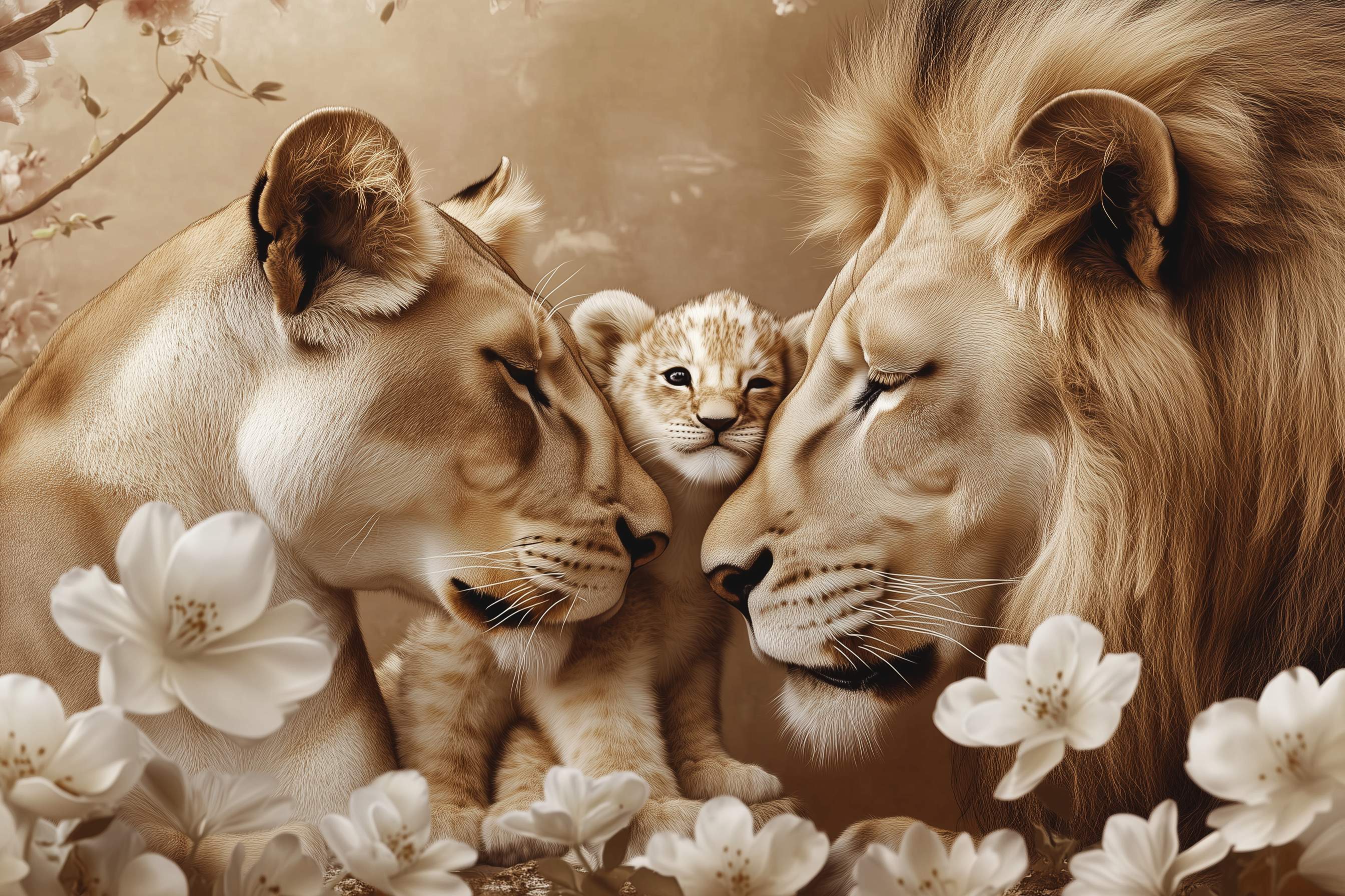 Glasschilderij - Exclusive - Liggend - Lege Nest Leeuwenfamilie 1 Welp - (Japandi Stijl) 150x100x0.4 cm