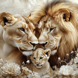 Glasschilderij - Exclusive - Liggend - De Ochtendwacht Leeuwenfamilie 1 Welp - (Japandi Stijl) 150x100x0.4 cm