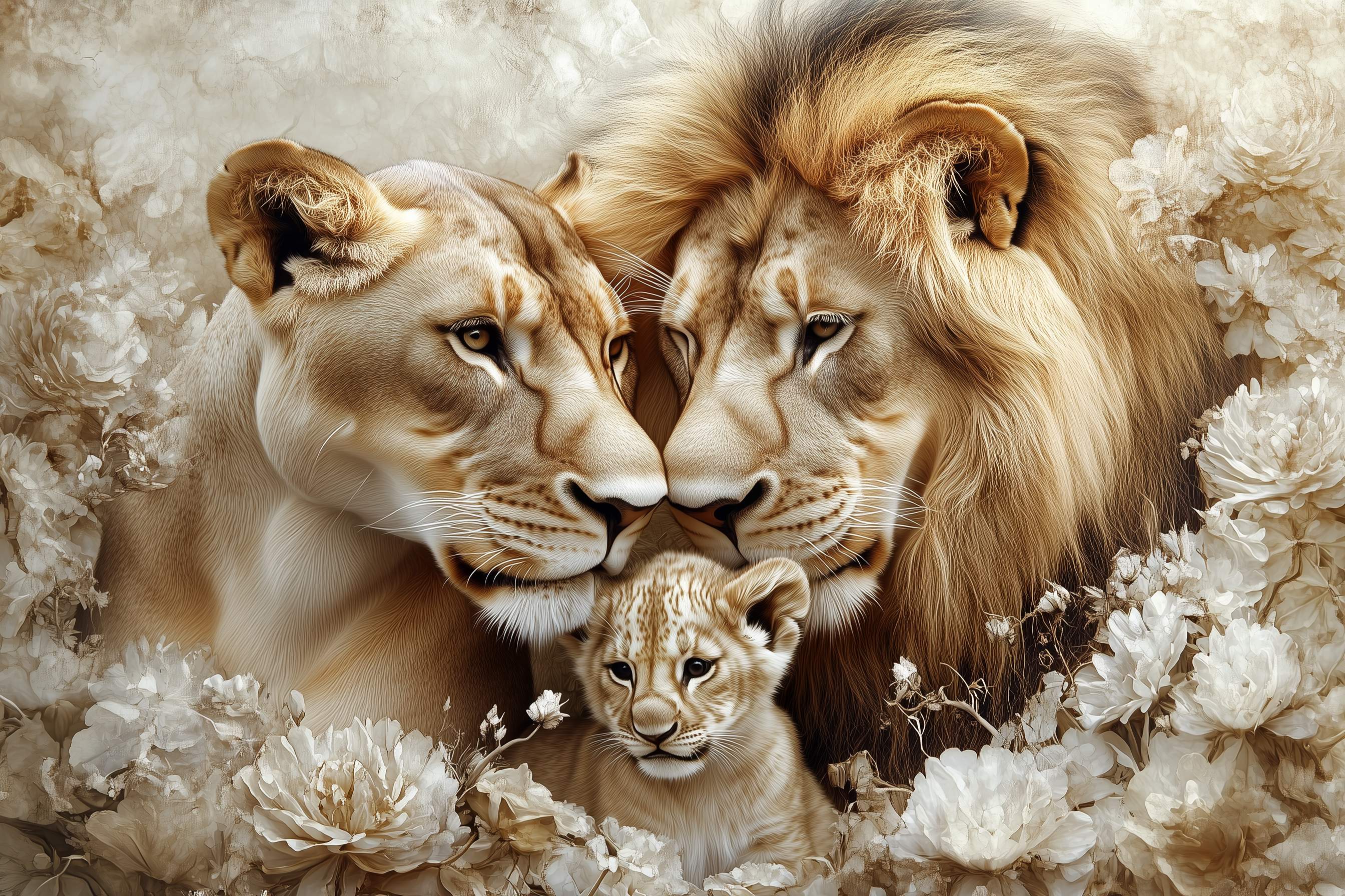 Glasschilderij - Exclusive - Liggend - De Ochtendwacht Leeuwenfamilie 1 Welp - (Japandi Stijl) 150x100x0.4 cm