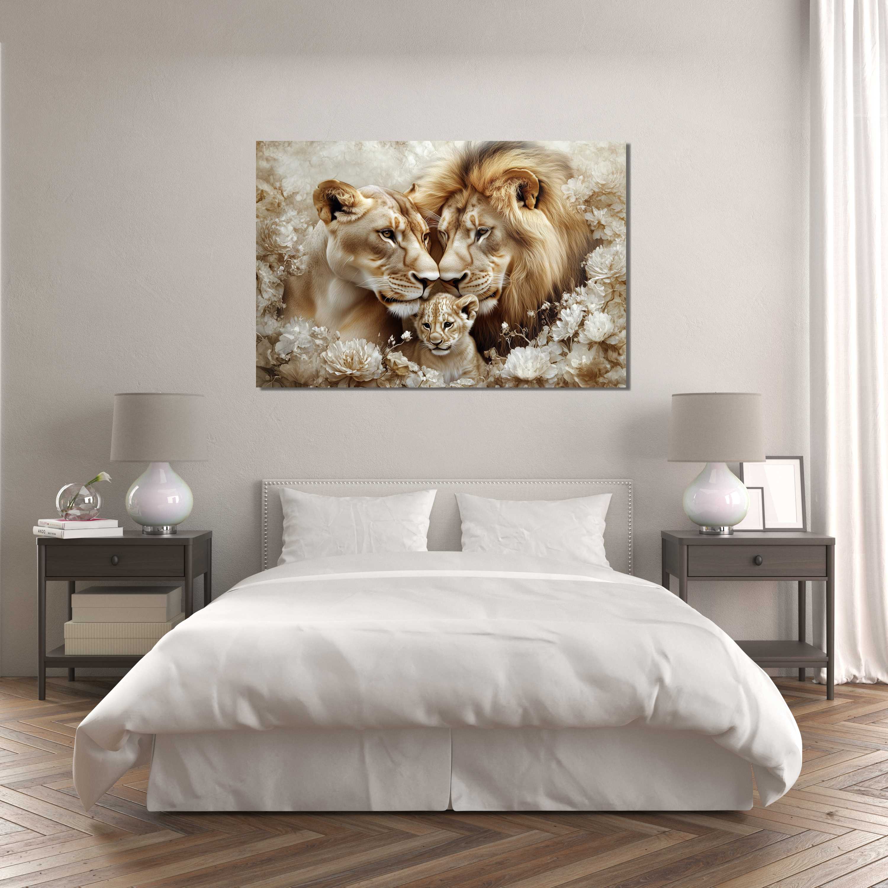 Glasschilderij - Exclusive - Liggend - De Ochtendwacht Leeuwenfamilie 1 Welp - (Japandi Stijl)