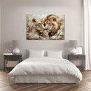 Glasschilderij - Exclusive - Liggend - De Ochtendwacht Leeuwenfamilie 1 Welp - (Japandi Stijl)