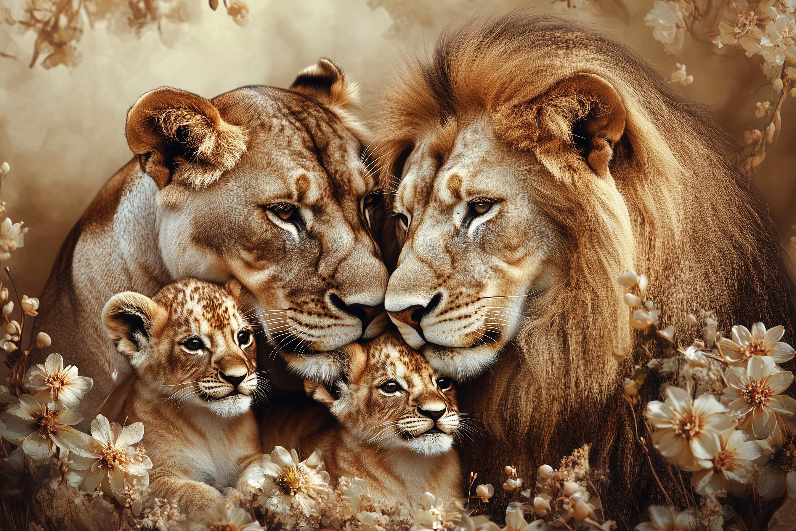 Glasschilderij - Exclusive - Liggend - Laatste Licht Leeuwenfamilie 2 Welpen - (Japandi Stijl) 150x100x0.4 cm