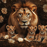 Glasschilderij - Exclusive - Liggend - Het Territorium Leeuwenfamilie 3 Welpen - (Japandi Stijl) 150x100x0.4 cm