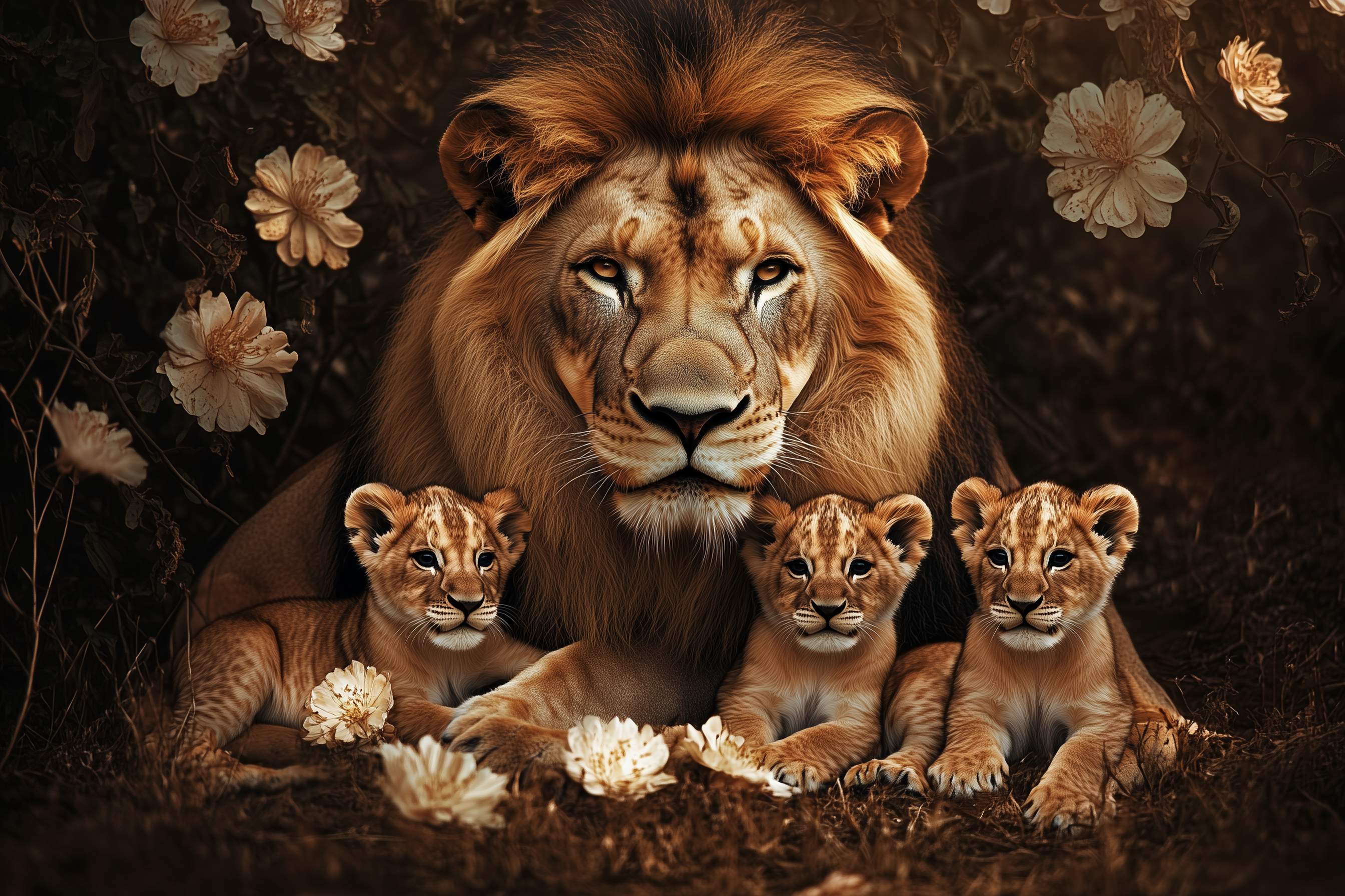 Glasschilderij - Exclusive - Liggend - Het Territorium Leeuwenfamilie 3 Welpen - (Japandi Stijl) 150x100x0.4 cm