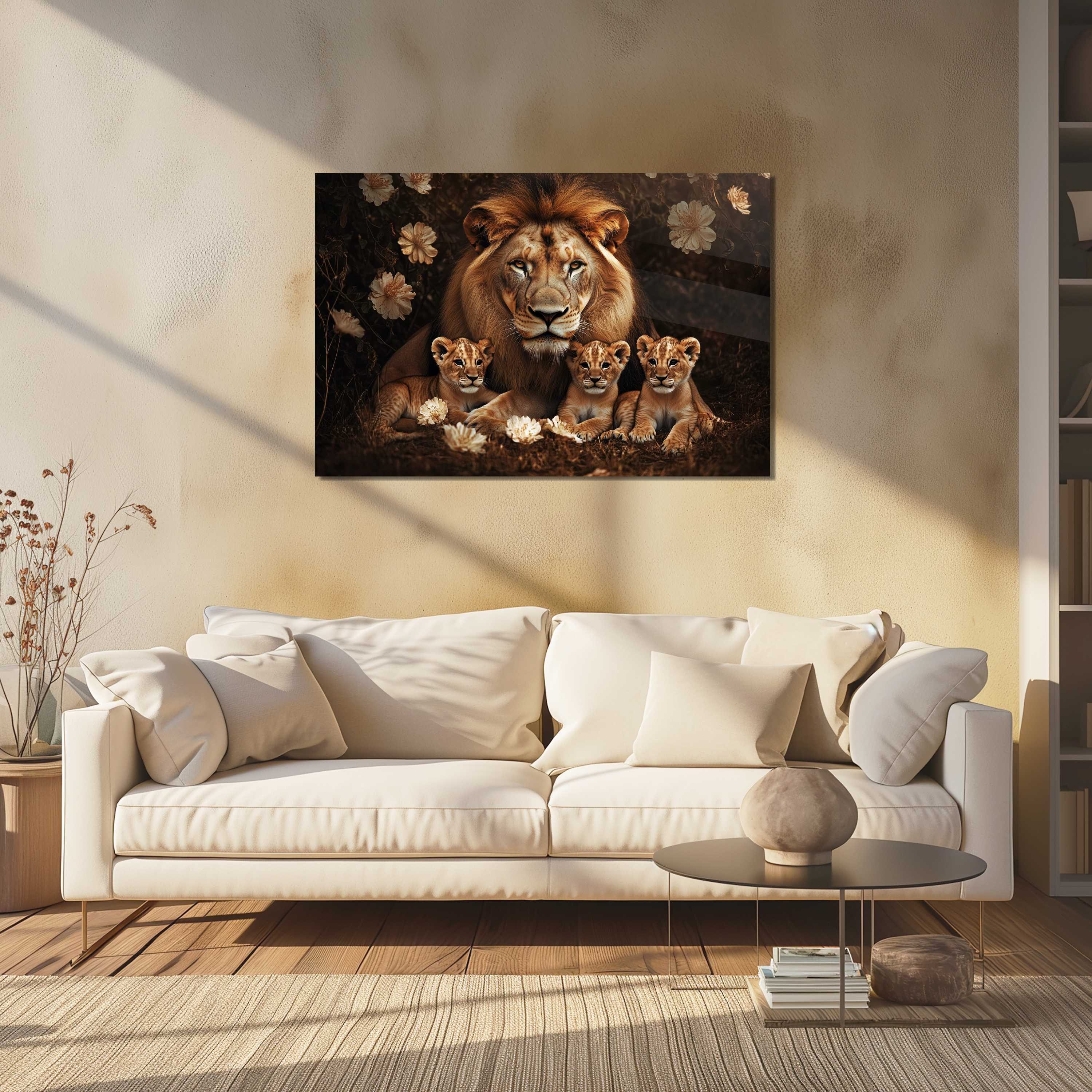 Glasschilderij - Exclusive - Liggend - Het Territorium Leeuwenfamilie 3 Welpen - (Japandi Stijl)