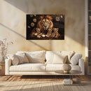 Glasschilderij - Exclusive - Liggend - Het Territorium Leeuwenfamilie 3 Welpen - (Japandi Stijl)