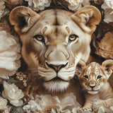 Glasschilderij - Exclusive - Liggend - Bruine Krijt Leeuwenfamilie 1 Welp - (Japandi Stijl) 150x100x0.4 cm