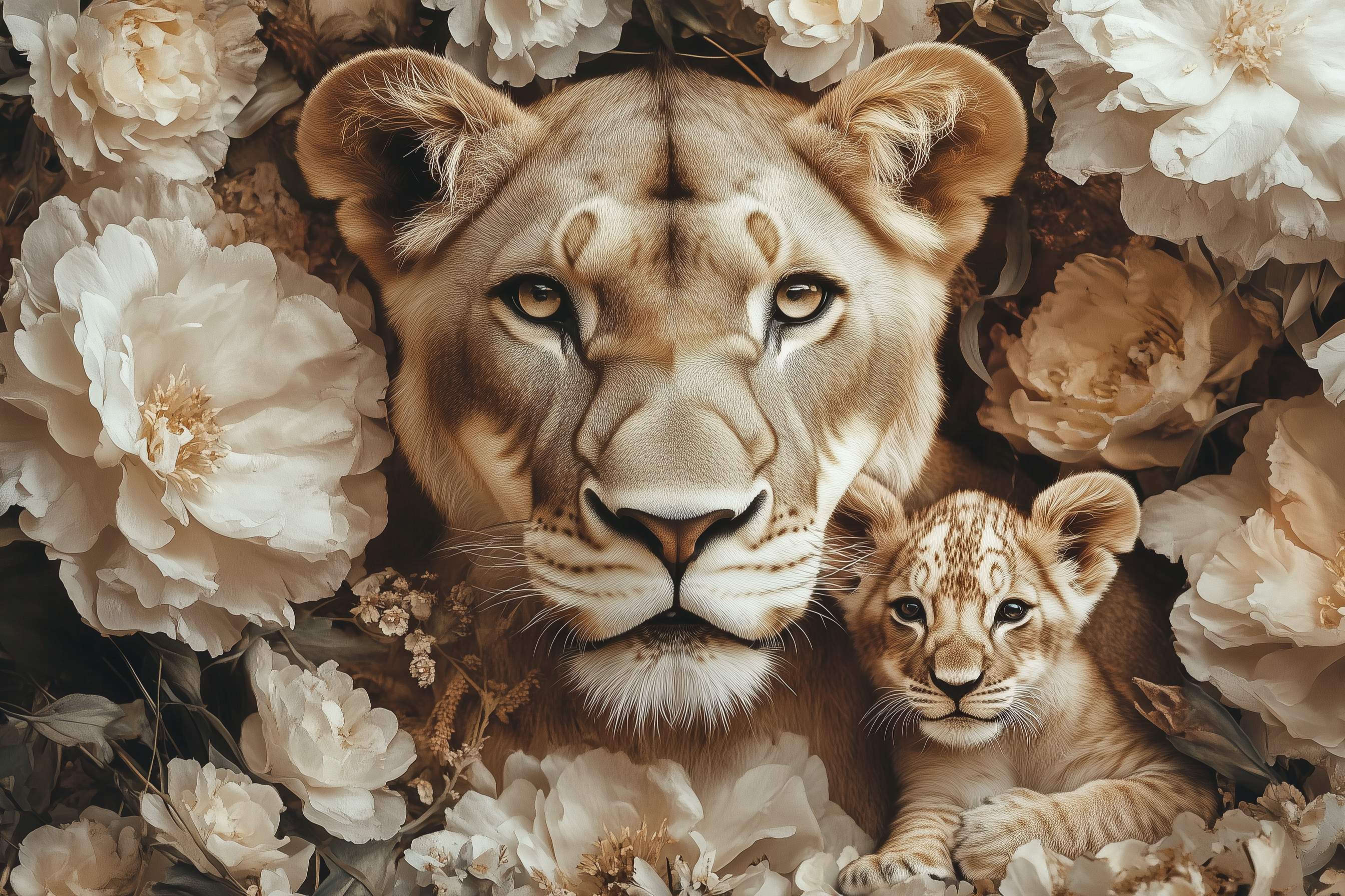 Glasschilderij - Exclusive - Liggend - Bruine Krijt Leeuwenfamilie 1 Welp - (Japandi Stijl) 150x100x0.4 cm