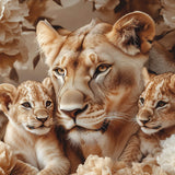 Glasschilderij - Exclusive - Liggend - Oude Kompas Leeuwenfamilie 2 Welpjes - (Japandi Stijl) 150x100x0.4 cm