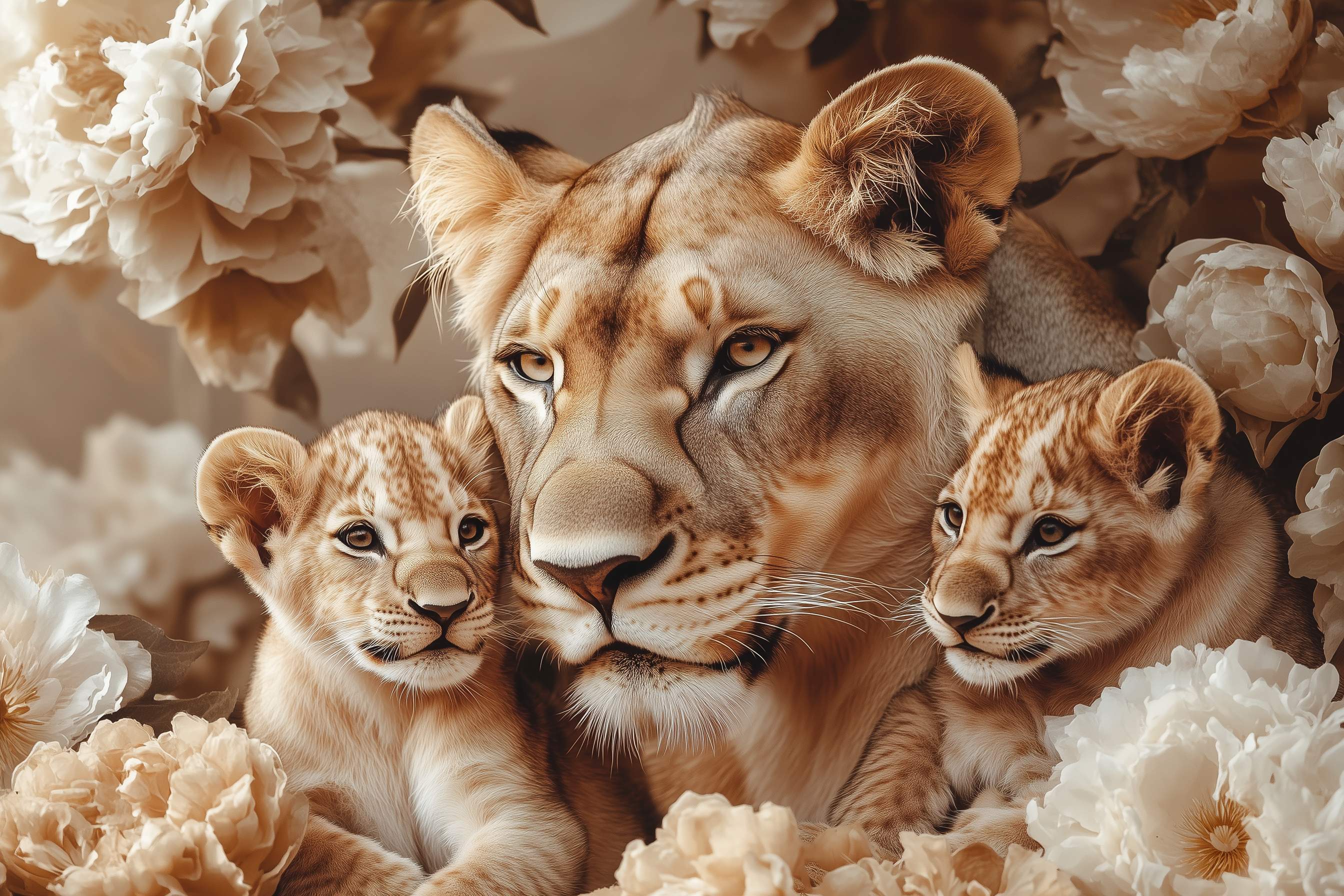 Glasschilderij - Exclusive - Liggend - Oude Kompas Leeuwenfamilie 2 Welpjes - (Japandi Stijl) 150x100x0.4 cm