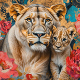 Glasschilderij - Exclusive - Liggend - De Beschermer Leeuwenfamilie 1 Welp 150x100x0.4 cm