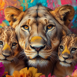 Glasschilderij - Exclusive - Liggend - Krijtspoor Leeuwenfamilie 2 Welpen 150x100x0.4 cm