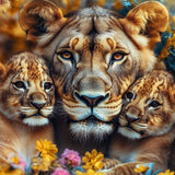 Glasschilderij - Exclusive - Liggend - De Veldwachter Leeuwenfamilie 2 Welpen 150x100x0.4 cm