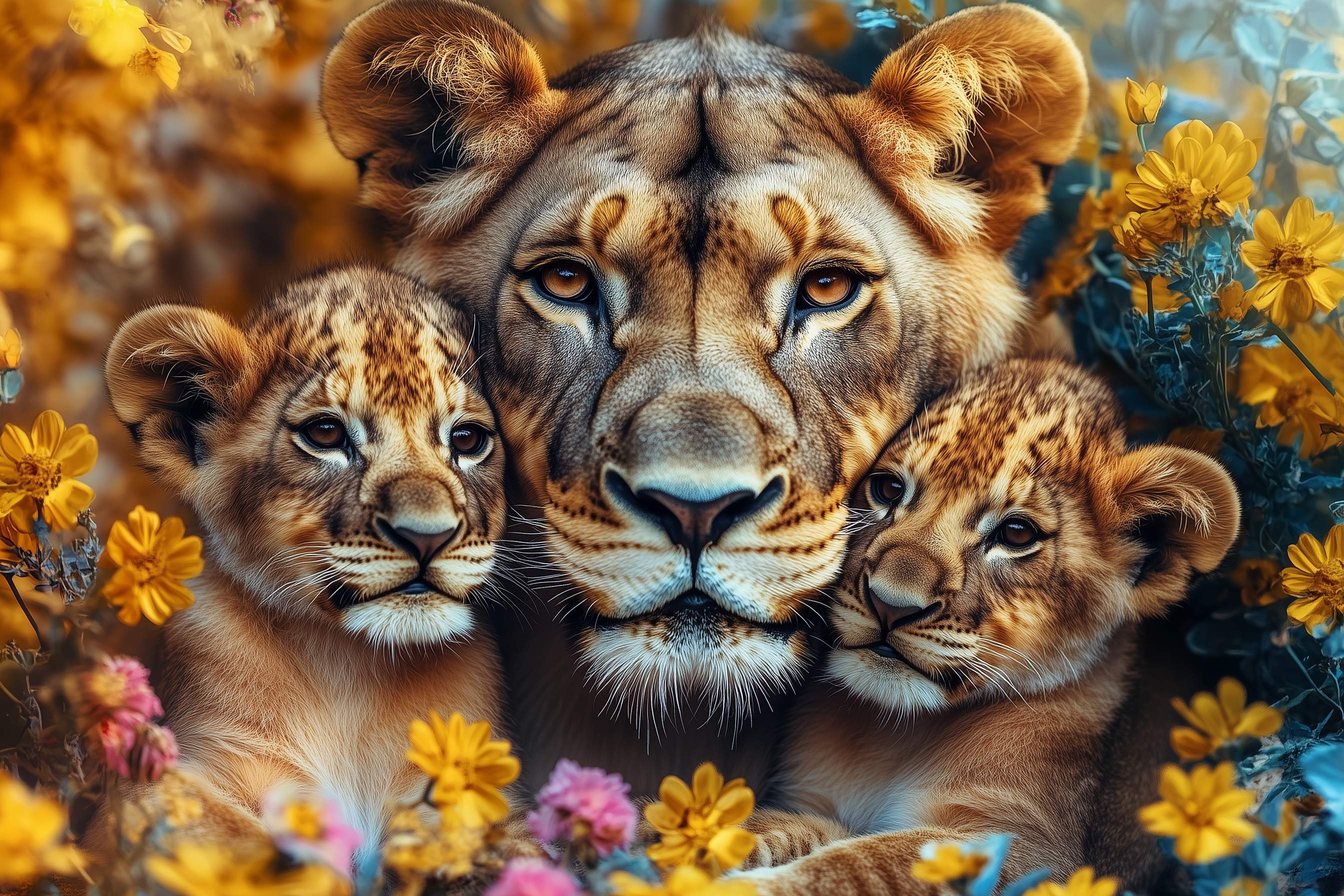 Glasschilderij - Exclusive - Liggend - De Veldwachter Leeuwenfamilie 2 Welpen 150x100x0.4 cm