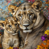 Glasschilderij - Exclusive - Liggend - Zandloper Leeuwenfamilie 1 Welp 150x100x0.4 cm