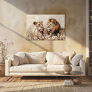 Glasschilderij - Exclusive - Liggend - Charlotte Leeuwenfamilie 1 Welp - (Japandi Stijl)