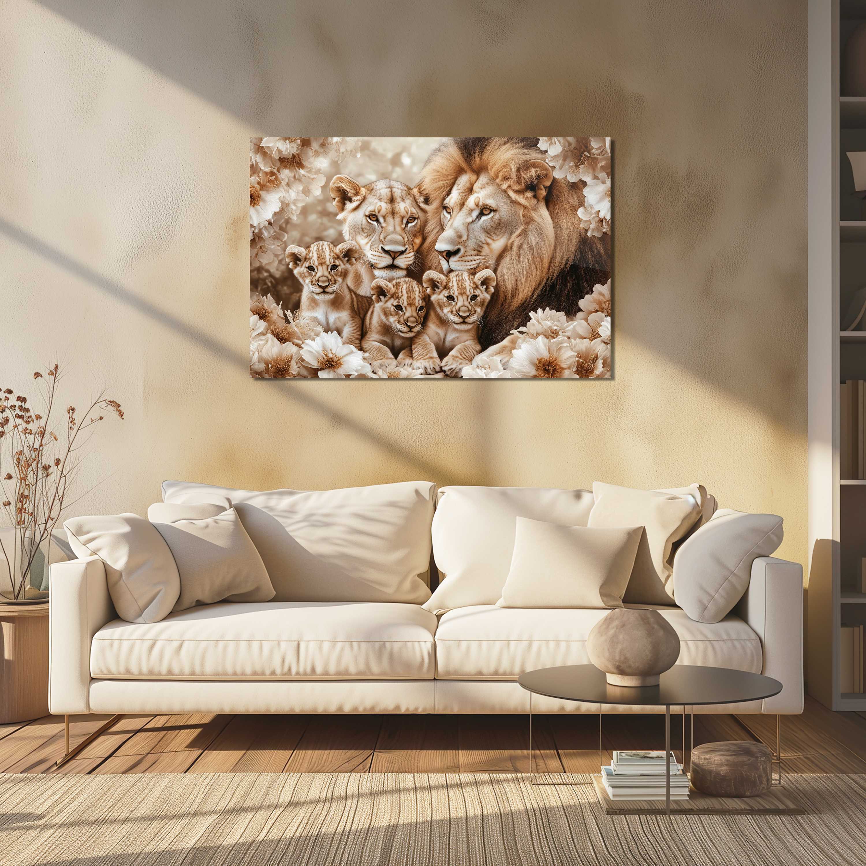 Glasschilderij - Exclusive - Liggend - Wabi Sabi Leeuwenfamilie 3 Welpjes - (Japandi Stijl)